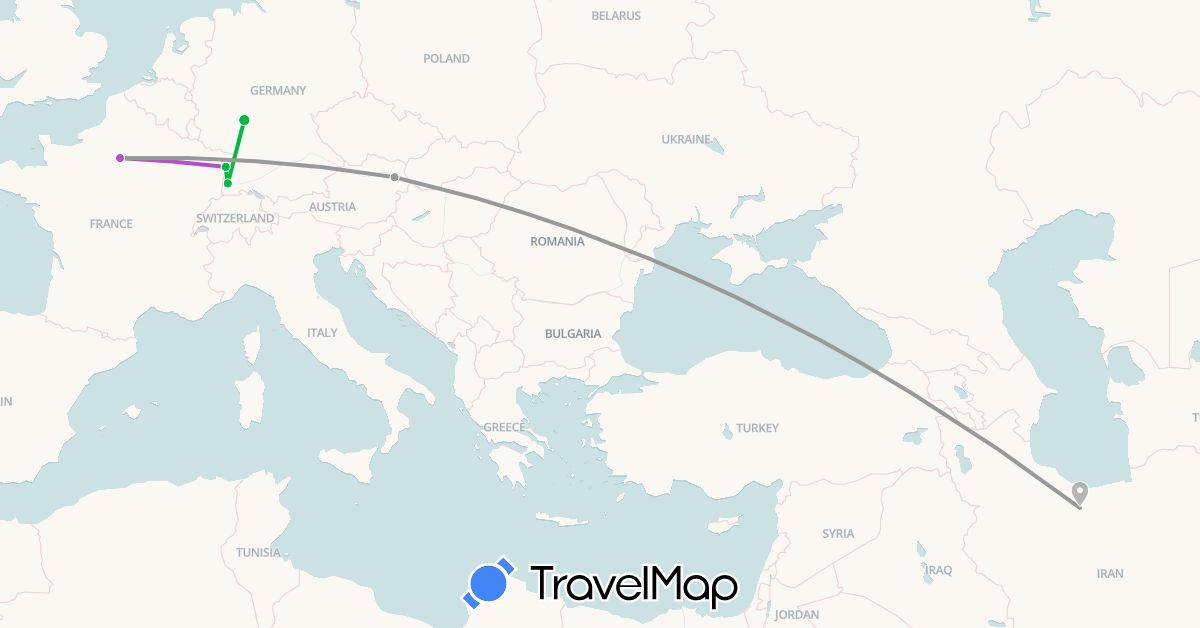 TravelMap itinerary: driving, bus, plane, train in Austria, Germany, France, Iran (Asia, Europe)